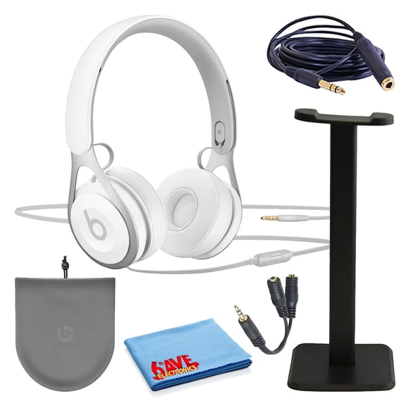 Beats EP On-Ear Wired Headphones - White (ML9A2LL/A) Bundle with Headphone Stand + Extension Cable + Headphone Splitter + More