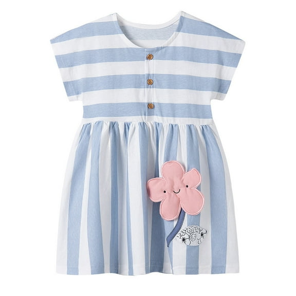 THDHVS Toddler Girl Dress,Dresses for Girls,Toddler Girl Summer Stripe Print Round Neck Dress Casual Sports Mid Length Skirt Blue 2-3 Years