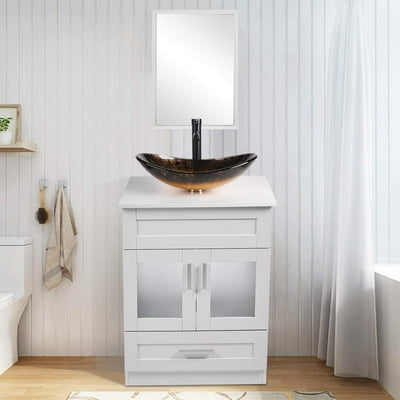 Buy 24 Inch Bathroom Vanity Set With Sink Pvc Board Cabinet Vanity Combo With Counter Top Glass Vessel Sink Vanity Mirror And 15 Gpm Faucet Online In Indonesia 543447259