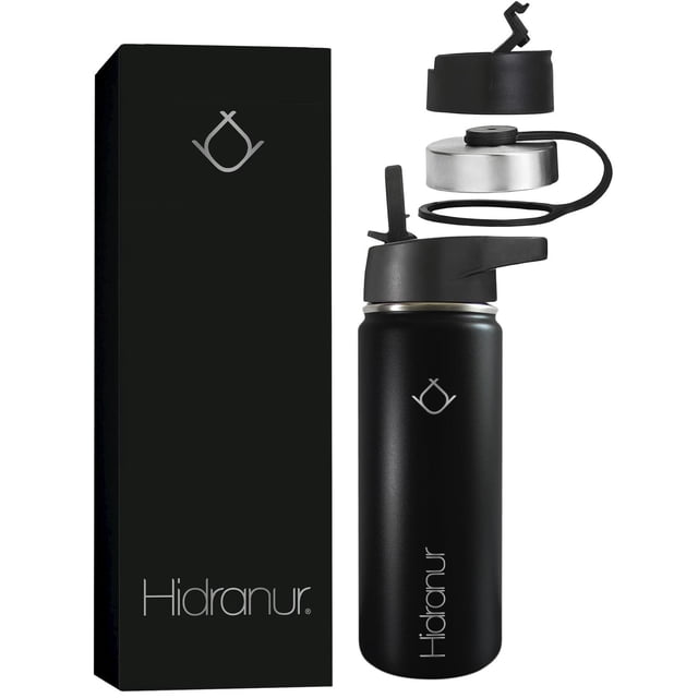 Termo de Acero Inoxidable Hidranur Negro Doble Aislamiento Térmico con 3 Tapas Herméticas y 2 Popote