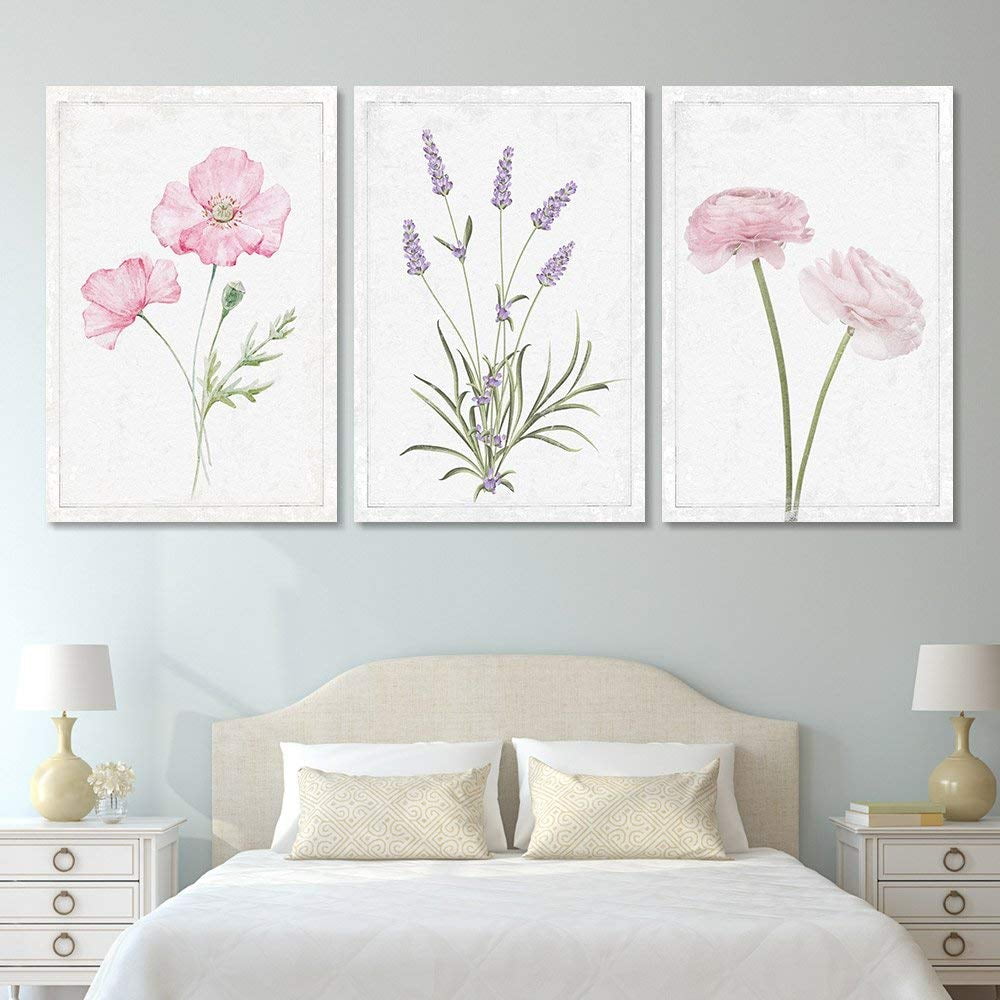 wall26 3 Panel Canvas Wall Art Hand Drawn Lavender Pink Flowers