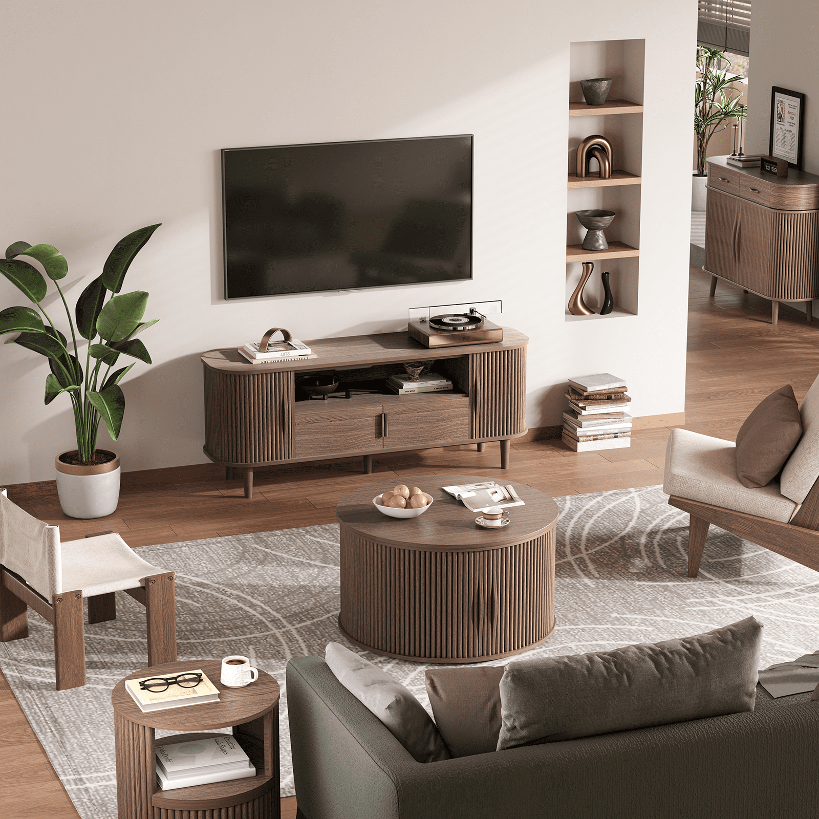 JOINICE Round Coffee Table with Lift Top,Mid Century Modern Wood Center Table with Storage,for Living Room,Walnut