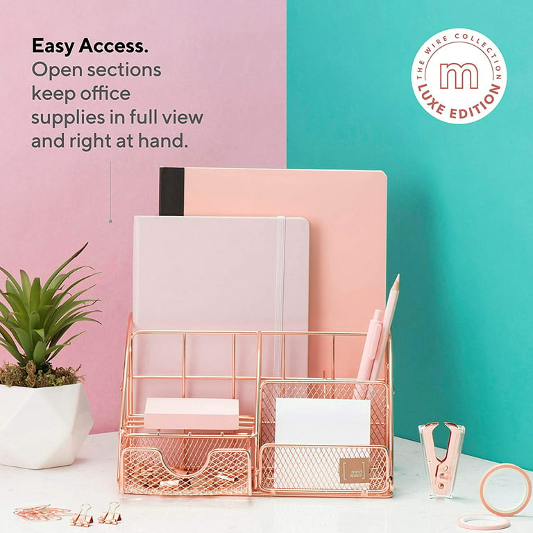 AUPSEN Rose Gold Desk Organizer for Women Mesh Office Supplies Desk Accessories Features 5 Compartments + 1 Mini Sliding Drawer