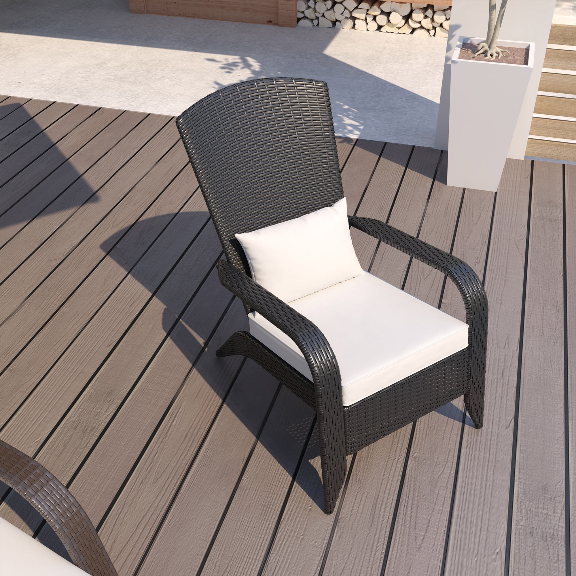 Outsunny Patio Wicker Adirondack Chair, Outdoor All-Weather Rattan Fire Pit Chairs w/ Soft Cushions, Tall Curved Backrest, and Comfortable Armrest for Deck or Garden, Cream White