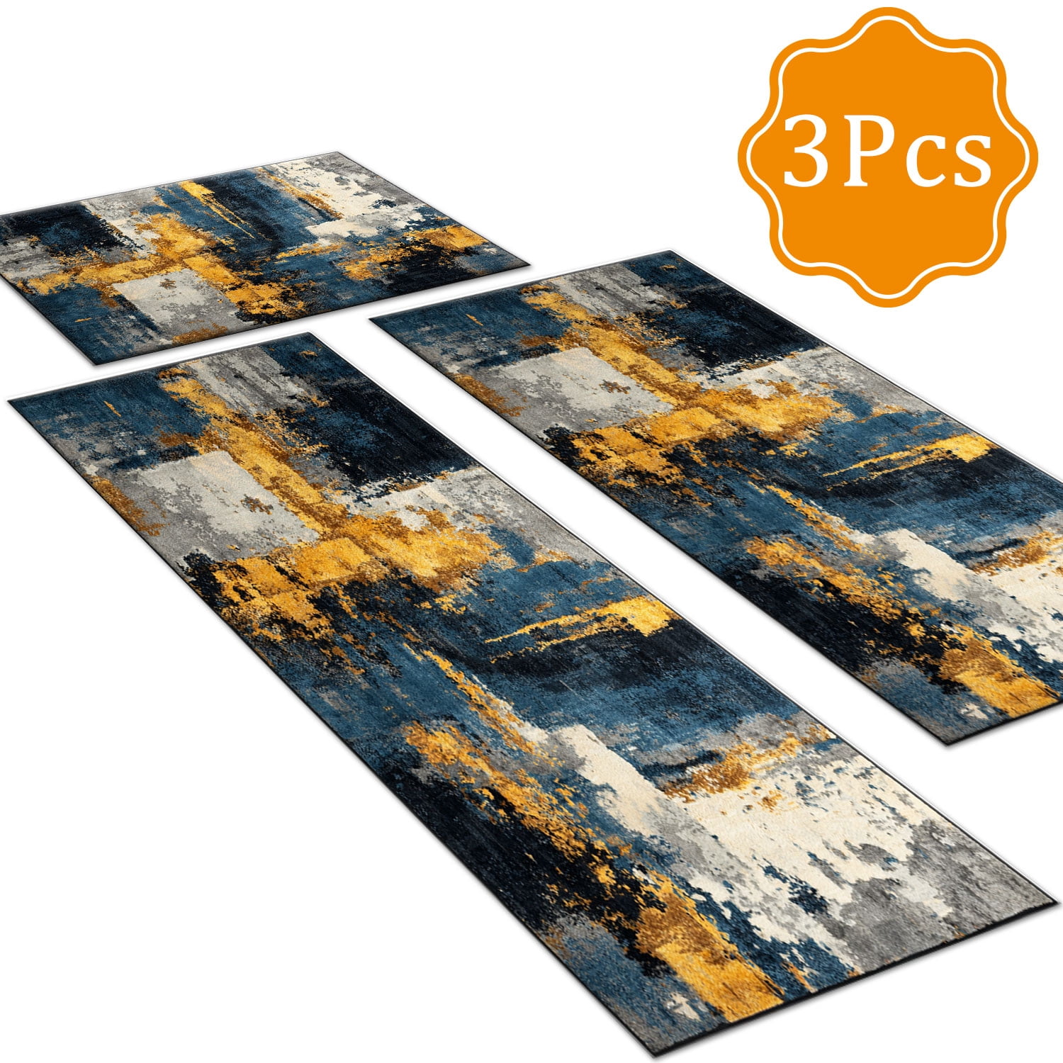 3 Piece Kitchen Rug Set, Abstract Pattern Kitchen Hallway Rug, Soft And Comfortable, Suitable For Sinks, Floors, Entrances, Hallways And Bathrooms