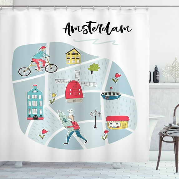 Amsterdam Shower Curtain, Doodle Style Composition of Men Houses Windmills Tulips Country View, Fabric Bathroom Set with Hooks, 69W X 75L Inches Long, White and Multicolor, by Ambesonne