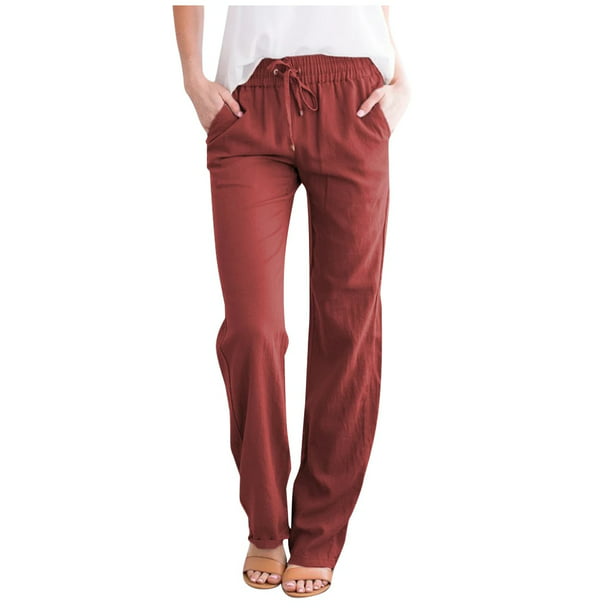 Women Fashion Casual Loose Pants Plus Size Linen Solid Mid Elastic ...