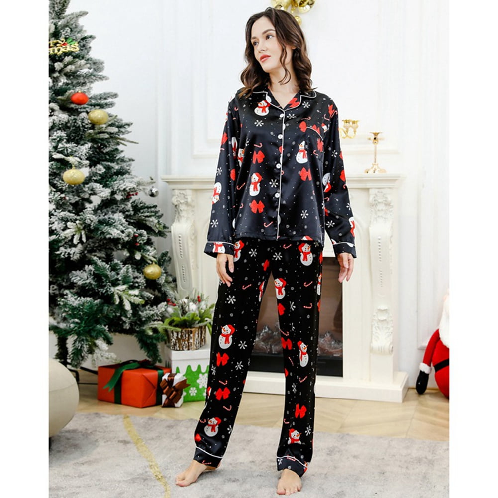 SILVERCELL Christmas Silk Satin Pajamas for Mommy and Me Snowmen Elk Santa Claus Holiday Loungewear Two Pieces Xmas Family Sleepwear Outfits Walmart