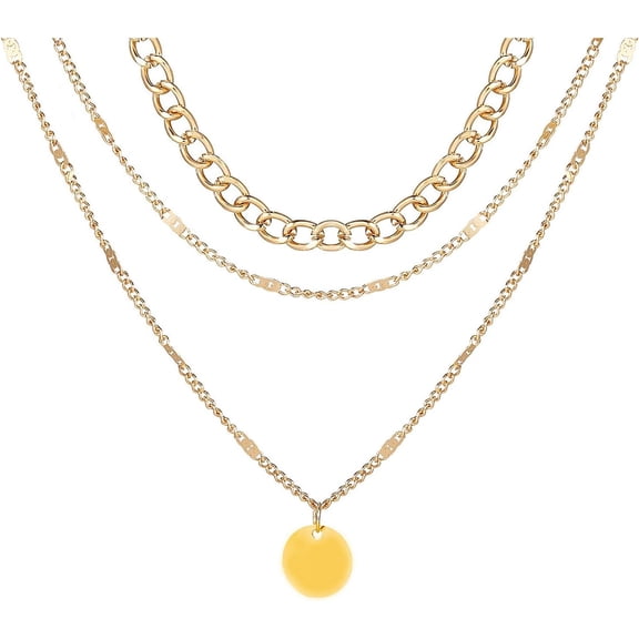 Gold Layered Necklaces for Women,Trendy Coin Pendant Circle Necklace Set Stacked Chunky Cuban Link Chain Necklaces,Boho Statement Jewelry Gifts