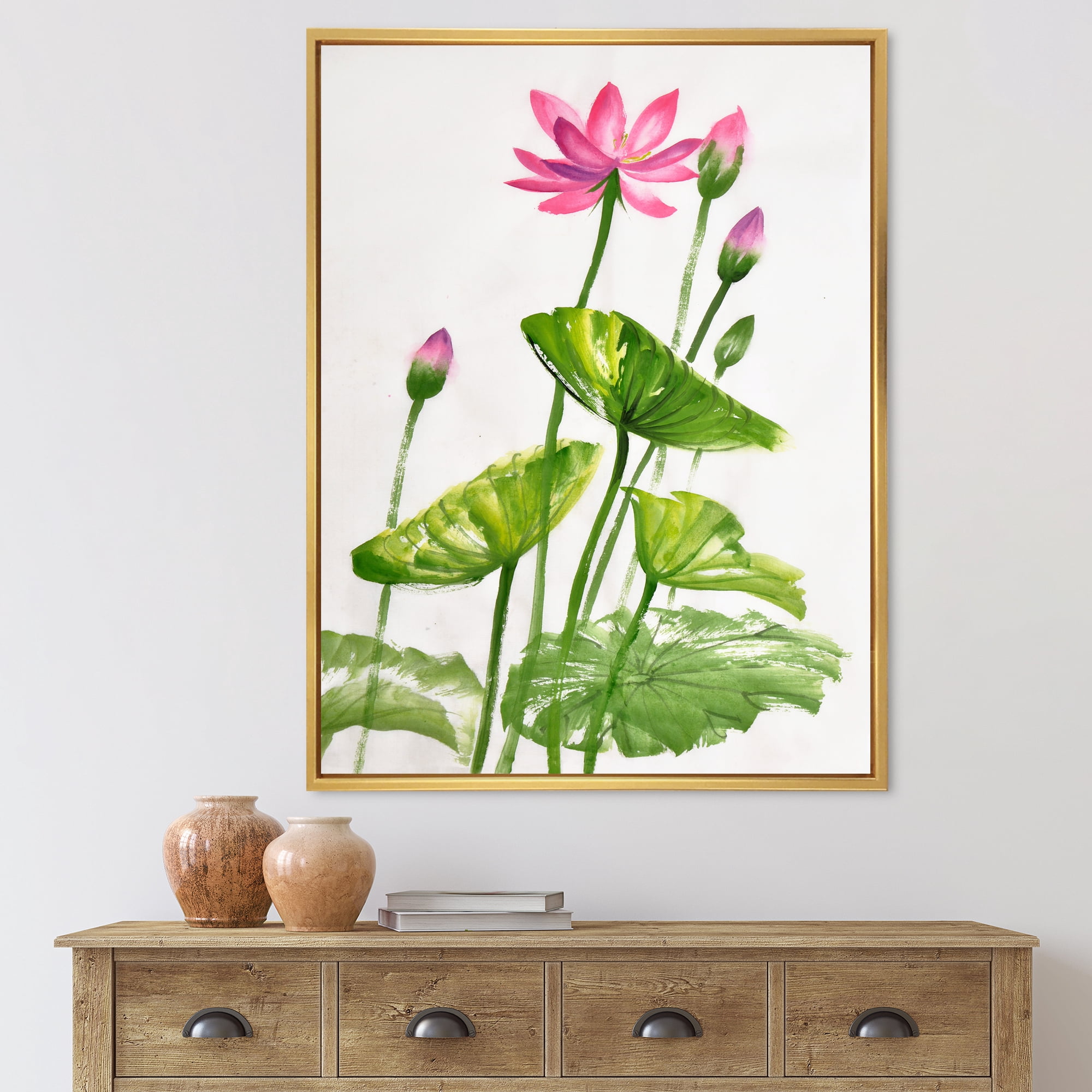 Designart 'Pink Vintage Lotuses In The Pond VII' Traditional Framed Canvas Wall Art Print