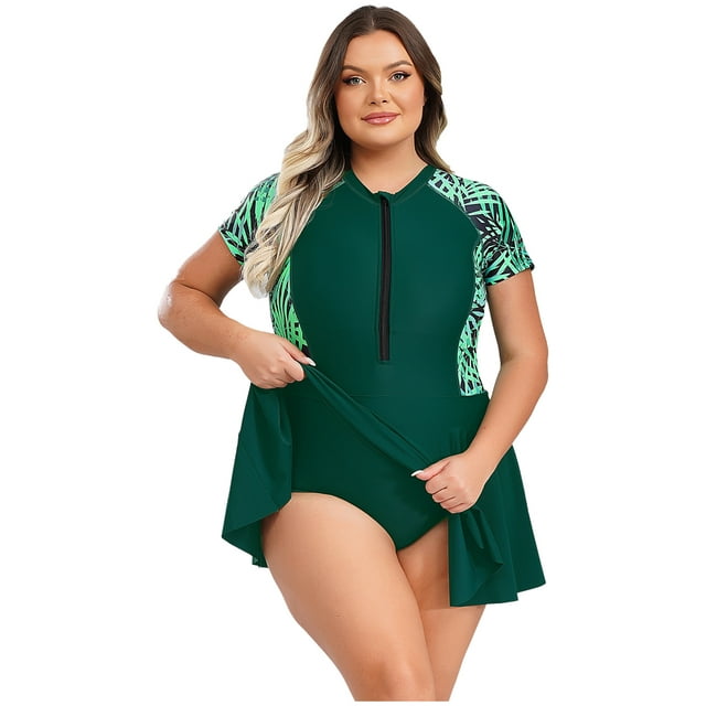 inlzdz Women Plus Size Rash Guard Swimsuit One Piece Modest Swimwear Zippy Padded Swim Dress Green 4XL