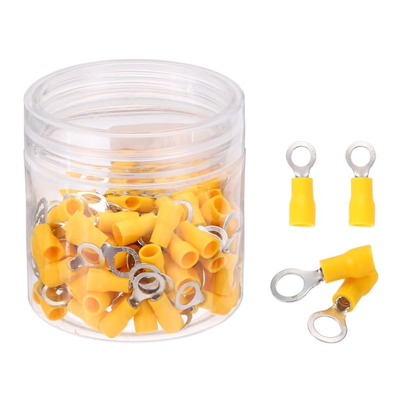 Uxcell 100Pcs Insulated Ring Terminal RVS1.25-5 Battery Lugs 22-16AWG Electrical Crimp Terminals Eyelet Wire Connectors for Industrial, Electrical Wiring, Yellow
