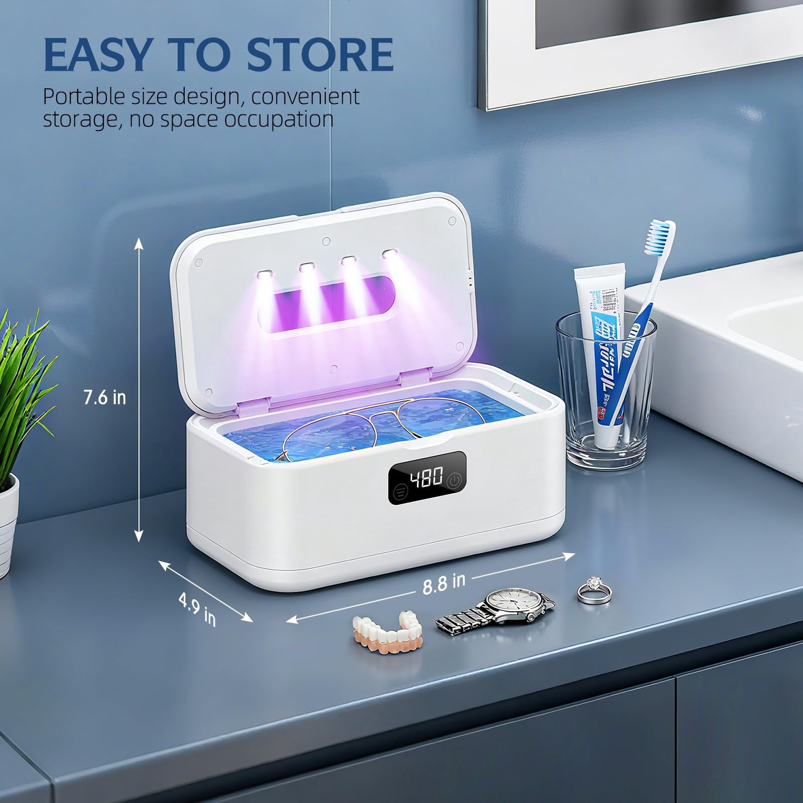 Ultrasonic Jewelry Cleaner, 50Khz Jewelry Cleaner Ultrasonic Machine for Jewelry, Eyeglasses, Rings, Watch Strap, Dentures, 24oz - 304 Stainless Steel Tank, Digital Timer, 5 Cleaning Modes(White)