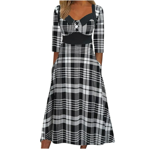 Herrnalise Women's Printed V-Neck Seven Sleeve Pocket Dress Long Sleeve V-Neck Dresses S-3XL