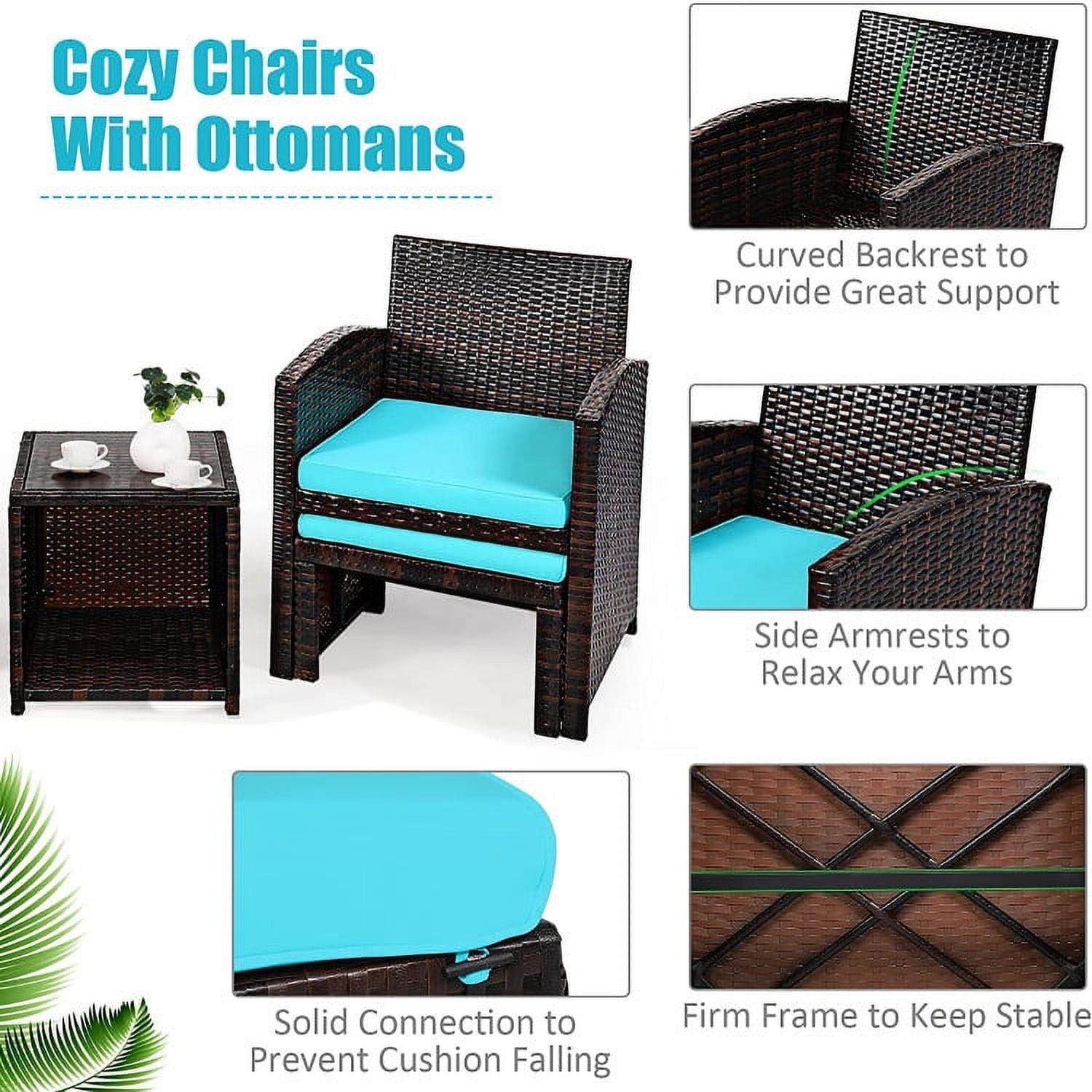 Aimee Lii 3 Pieces Patio Cushioned Wicker Conversation Set, Outdoor Sectional Set with with Glass Coffee Table, Turquoise Aimee Lii 3 Pieces Patio Cushioned Wicker Conversation Set, Outdoor Sectional Set with with Glass Coffee Table, Turquoise