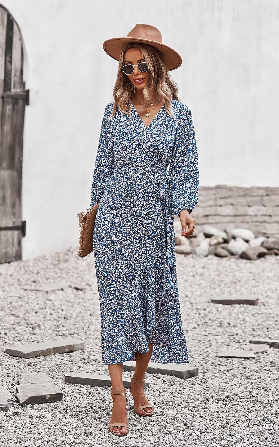 high split floral boho long sleeve maxi dress Poselle Women's Autumn Fashion Ditsy Floral High Slit Dress Spring&Summer  Outfit Women Boho Long Maxi Sleeve