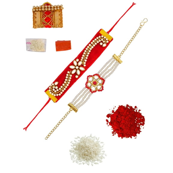 Crunchy Fashion 2 pc Designer Bhaiya Stone & Kundan Rakhi for Brother, Raksha Bandhan Handmade Bracelet for Bhaiya Rakhi Bracelet Combo Set