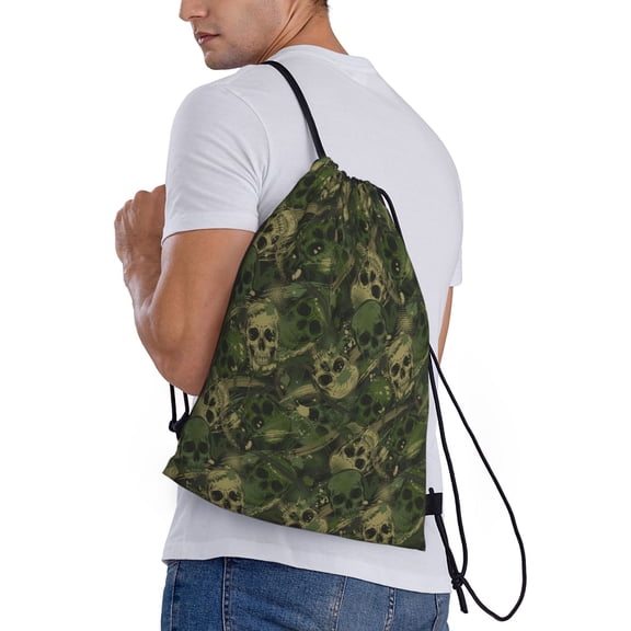 Ratiio Green Camouflage Skull Print Drawstring Backpack Bag Sport Gym Sackpack Heavy Duty String Backpack for Men Women