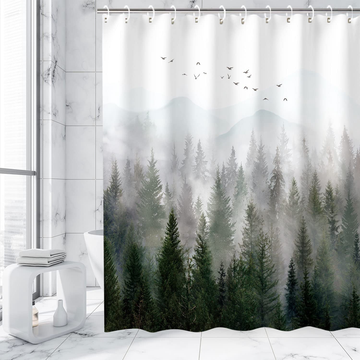 Stall Shower Curtain 36"x72" Inches Small Shower Curtain, Forest Mountain Shower Curtain Tree Shower Curtains for Bathroom, Nature Shower Curtain Hooks