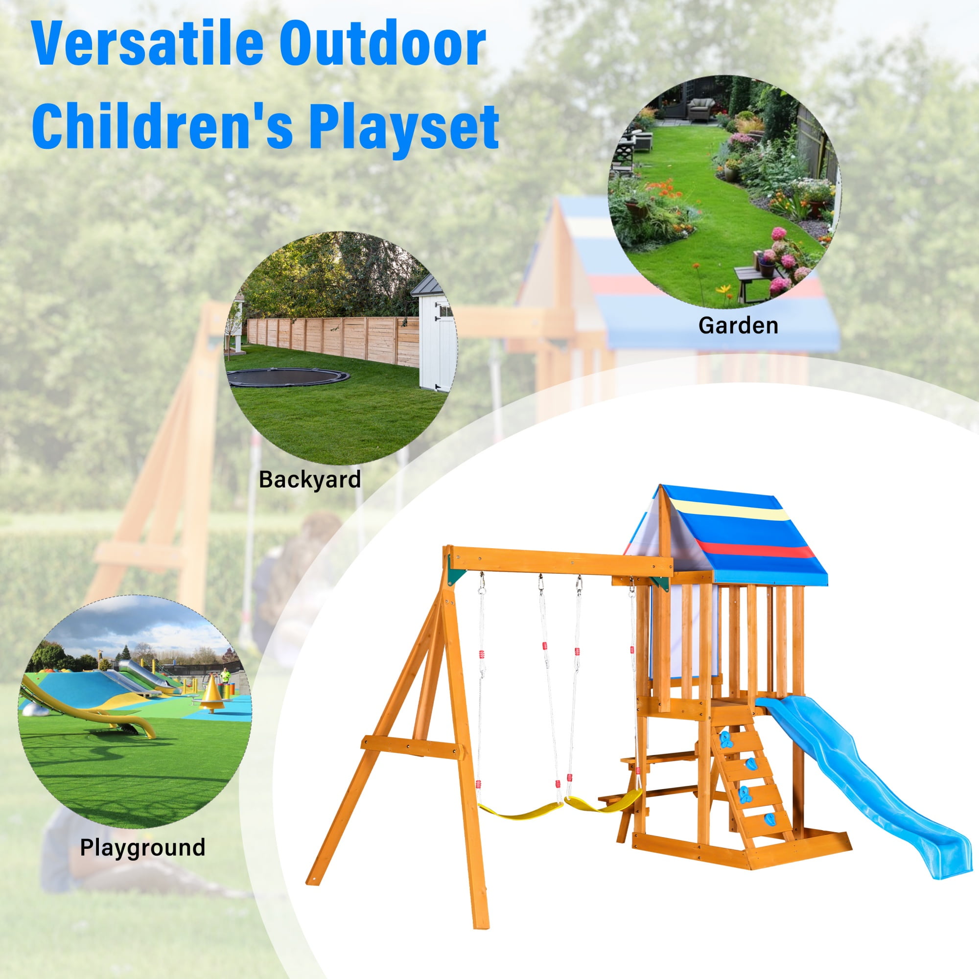 Wooden Outdoor Swing Set, SHINPT All-in-One Kids Outdoor Play Equipment for Kids Age 3-12 with Wave Slide, 2 Swings, Climbing Wall, Canopy Roof and Ladder, Kids Playground for Backyard, Garden, Park
