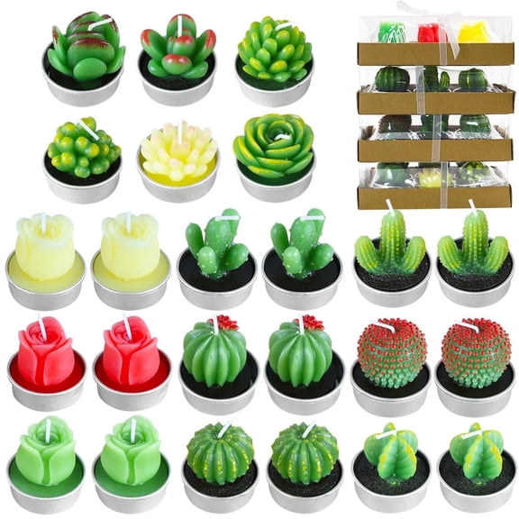 FULANDL 24PCS Succulent Cactus Tealight Candles Set, Decorative Tealight Candles, Artificial Succulent Plants Candles for Party Home Wedding Decor