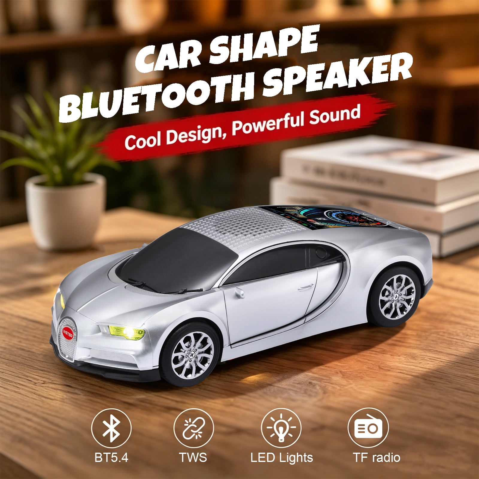 WSTER WS-660 portable Bluetooth speaker is a cool, car-shaped wireless speaker with LED lights, an FM radio, and TF card support.Suitable for desktop decorations/computer use/outdoor use/party use