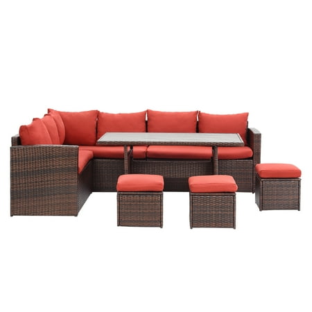 Superjoe 7 Piece Outdoor Conversation Set All Weather Wicker Sectional Sofa Set with Dining Table and Ottoman Red