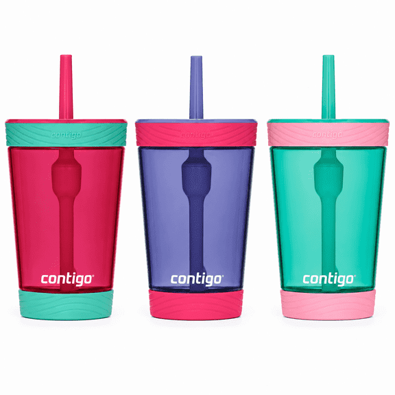 Contigo Spill-Proof Tumbler with Straw, 14 oz, 3-Pack, Cherry Blossom, Wisteria, Persian Green