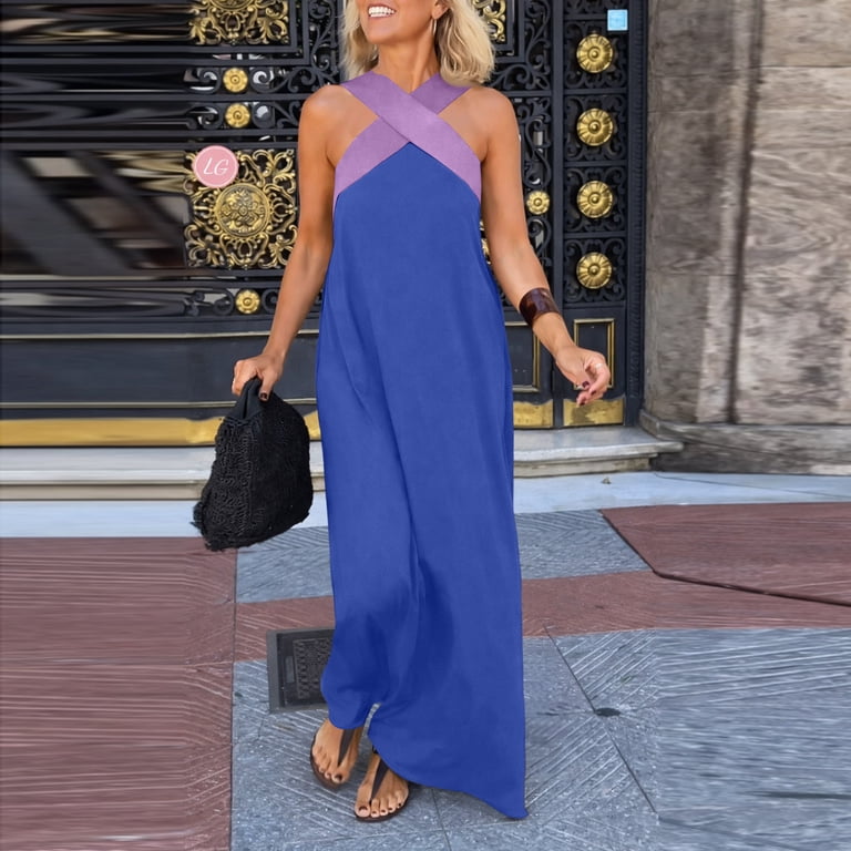 cross strap maxi dress Cross Strap Halterneck Maxi Dress In Blue And White by PAISIE