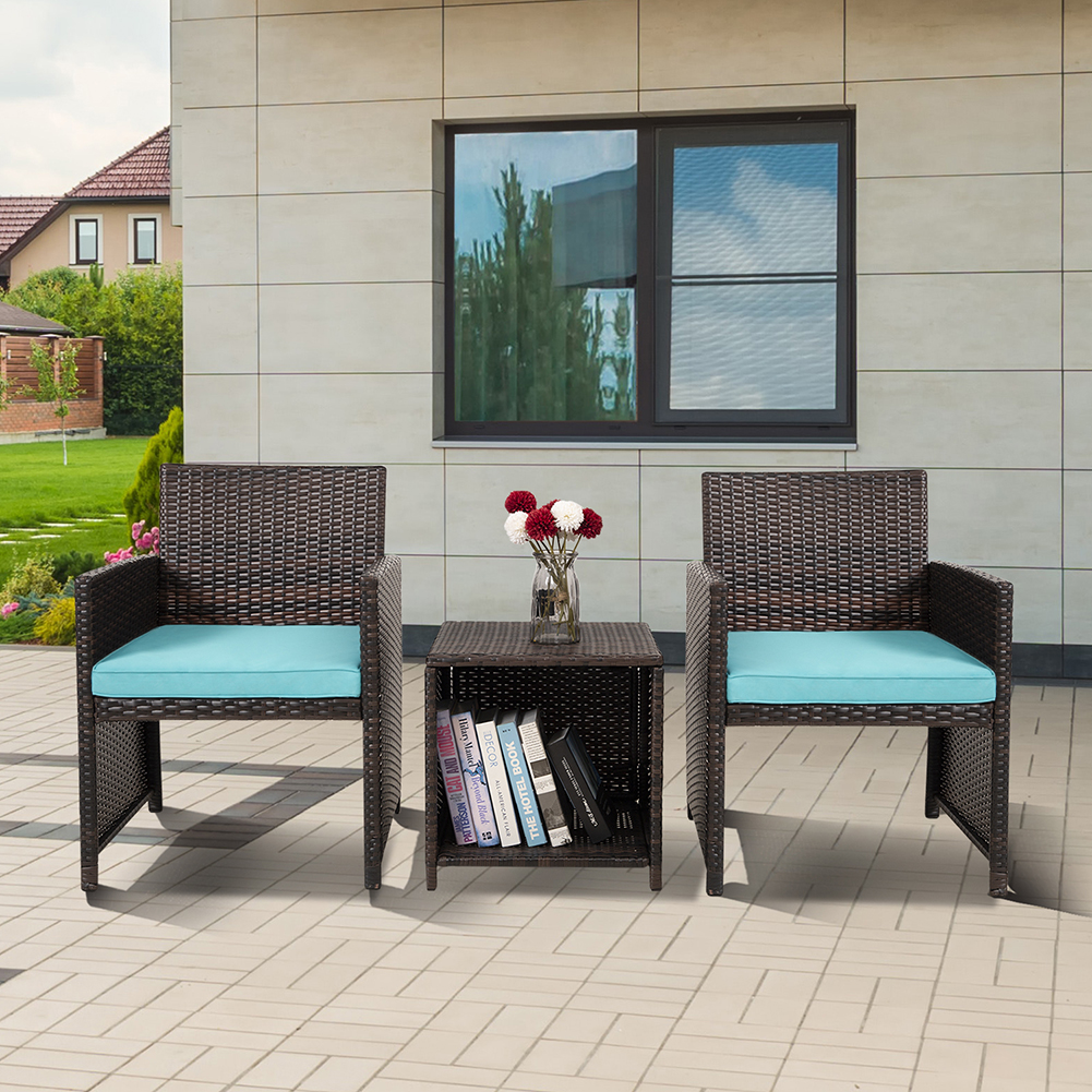Kadyn 3 Pieces Outdoor Patio Wicker Furniture Sets, PE Rattan Chair Patio Conversation Sets with 2 Soft Cushions Single chairs and Coffee table, Rattan Conversation Set for Balcony, Teal Kadyn 3 Pieces Outdoor Patio Wicker Furniture Sets, PE Rattan Chair Patio Conversation Sets with 2 Soft Cushions Single chairs and Coffee table, Rattan Conversation Set for Balcony, Teal