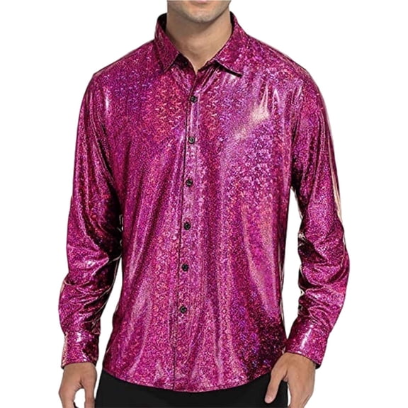 HXWCHs Men's formal Dress Shirt with Sequins Butofns and Glitter Lapel for Business Casual Work Party Attire L Hot Pink