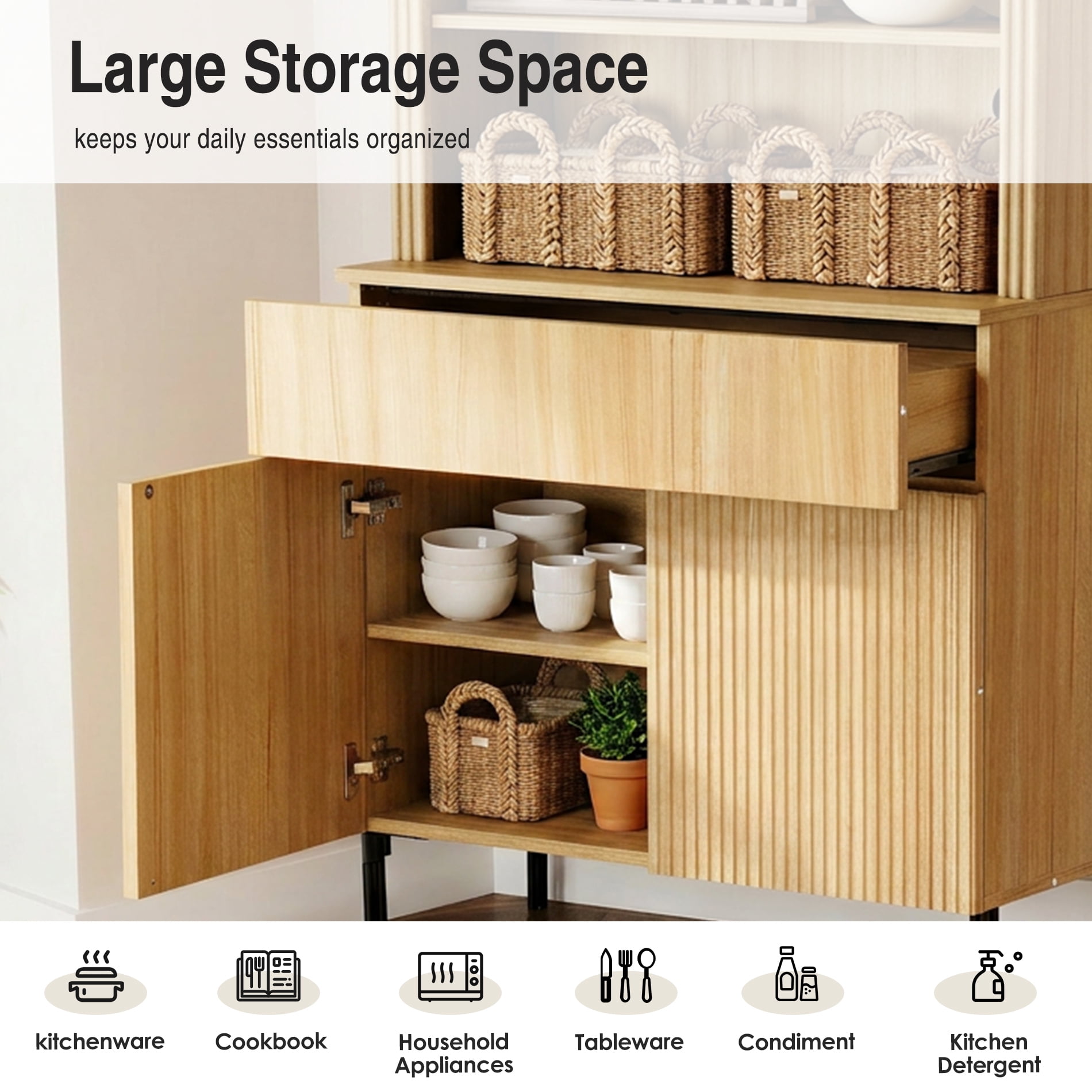 71.6" Tall Fluted Kitchen Pantry Cabinet Set of 2, Wood Bookcase Display Cabinet with Doors and Adjustable Shelves, Modern Versatile Cupboard For Dining Room, Bedroom