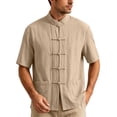 thumbnail image 3 of UVEASISHA Cotton Linen Button Down Shirts for Men Traditional Kung Fu Uniform Short Sleeve Shirt Stand Collar Casual Chinese Frog Buttons Shirts Khaki XL, 3 of 10