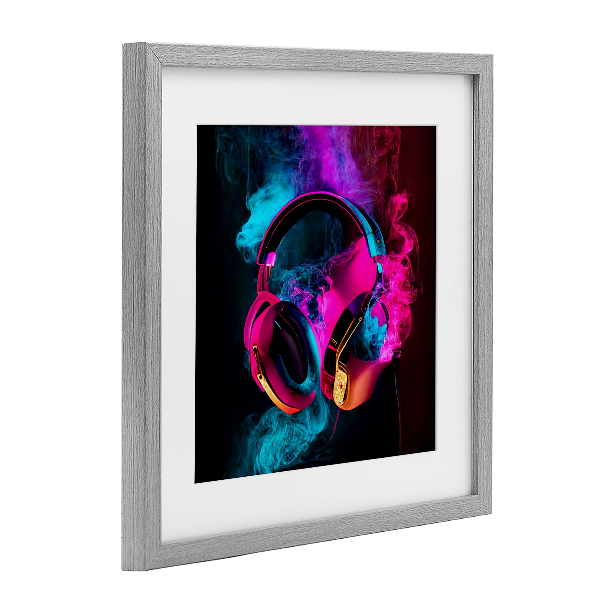 Power Play Pink & Blue Headphones Gray Framed Print Under Glass, design by Sasha