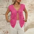 thumbnail image 6 of Womens Tank Top $4.98 Plus Size Sleeveless Summer Eyelet Tie Cardigan V-Neck Loose Polluer Solid Top Hot Pink M, 6 of 6
