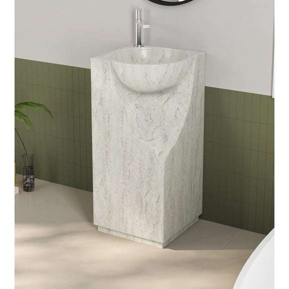 MEDUNJESS 34" Tall Freestanding Bathroom Pedestal Sink Solid Surface Pedestal Sink with Gloss White Basin and Faucet Hole