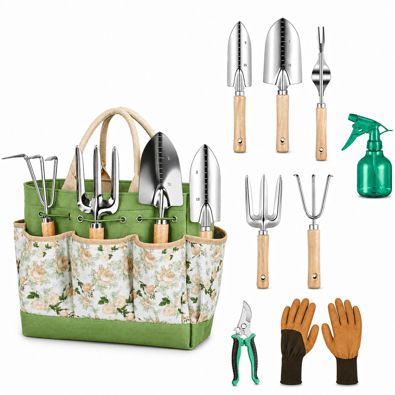 Jill Deaaa Gardening Tool Set, 9‑Piece Rust‑Proof Stainless Steel Hand Tools with Wooden Handles & Storage Tote Bag, Gifts for Gardeners Men & Women