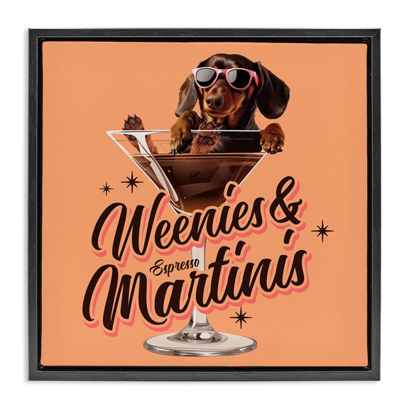 Stupell Industries Weenie's & Espresso Martinis Animals Painting Black Floater Framed Canvas Art Print Wall Art, 18 x 18