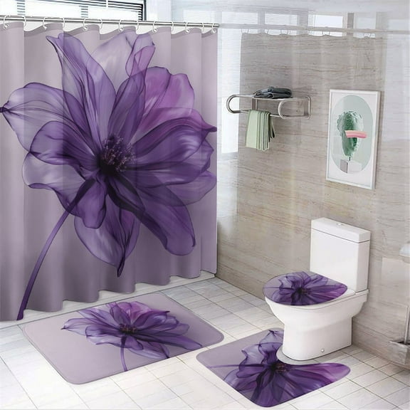Purple Flower 4 Pcs Bathroom Shower Curtain Set, Bathroom Sets with Rugs (Bath Mat, U Shape and Toilet Lid Cover Mat) and 12 Hooks,