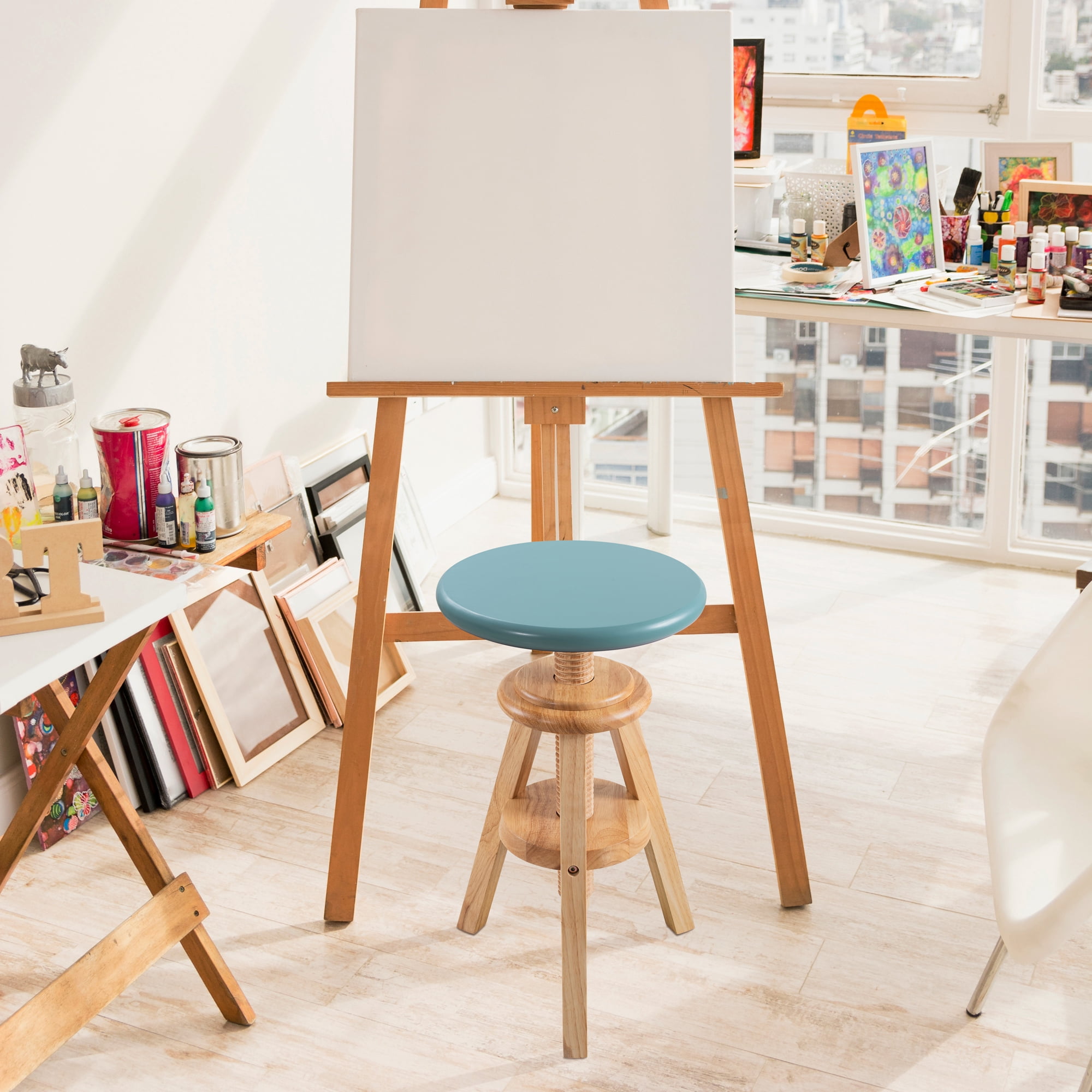 eHemco Swivel Solid Wood Adjustable Bar Stool, 18.9 to 25.2 Inches, Natural Base with Teal Top