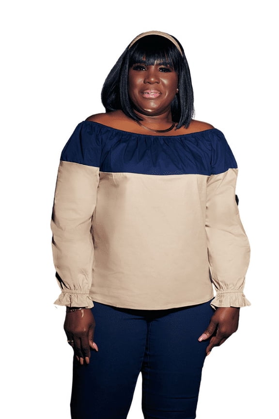 Inc Dreamy Date Night Taupe and Navy Blue Top Large