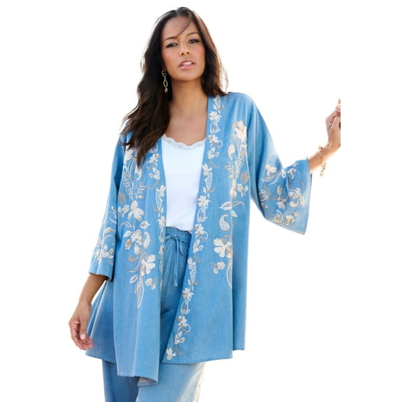 Roaman's Women's Plus Size Chambray Embroidered wrap