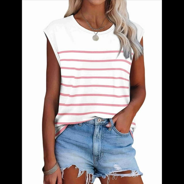 Tops de Mujer Elegantes e Informales de Verano A Rayas, Tops de Corta con Bloques de Color, Corte Holgado, Rosa y L
