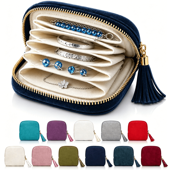 Jewelry Travel Case,Compact Travel Jewelry Pouch with Satin Lining, Zipper Tassel and Multi-Layer Storage for Rings, Earrings & Necklaces