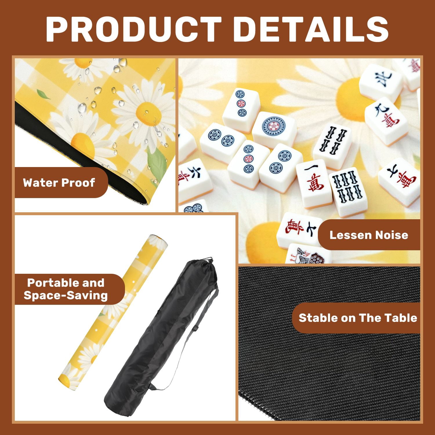 Mahjong Mat 31.5" x 31.5" White Daisies Yellow Checkered Non-Slip Noise Reduction American Mahjong Tiles Table Cover for Dominoes Poker Card Board Games Gift