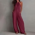 thumbnail image 2 of Women's Summer Solid‑Color Halter Sleeveless Wide‑Leg Jumpsuit Casual One‑Piece Pants with Side Pockets Wine M(M), 2 of 7