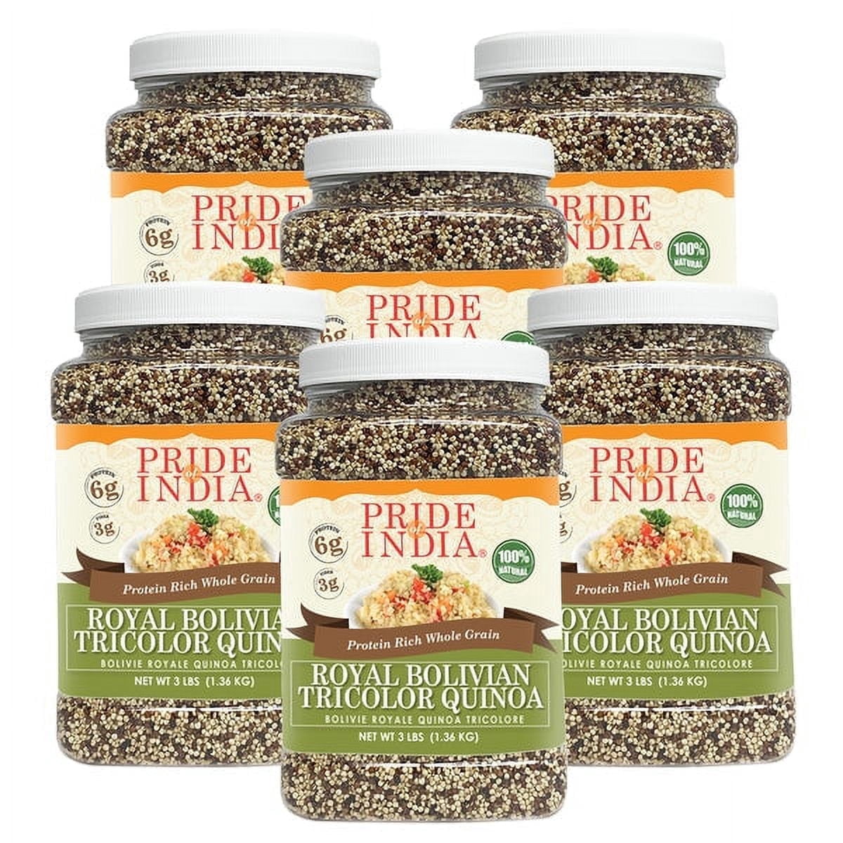 Pride of India - Pack of 6 - Tricolor Quinoa, Royal Bolivian Superfood, 3 lbs Jars, Gluten-Free Whole Grain