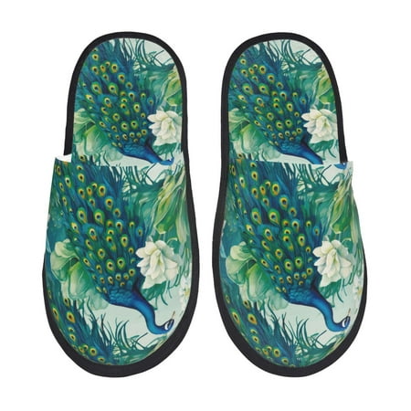 Balery Peacock And Flowers Slient Indoor Furry Fleece Comfort House Shoes Soft Non-Slip Home Shoes Cotton slippers House Slippers-- Medium