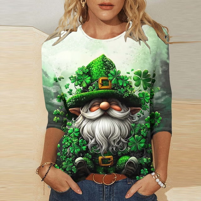 T-Shirt à Col Rond Imprimé de la Saint-Patrick pour Femmes, Manches Trois Quarts 3/4, Coupe Ample