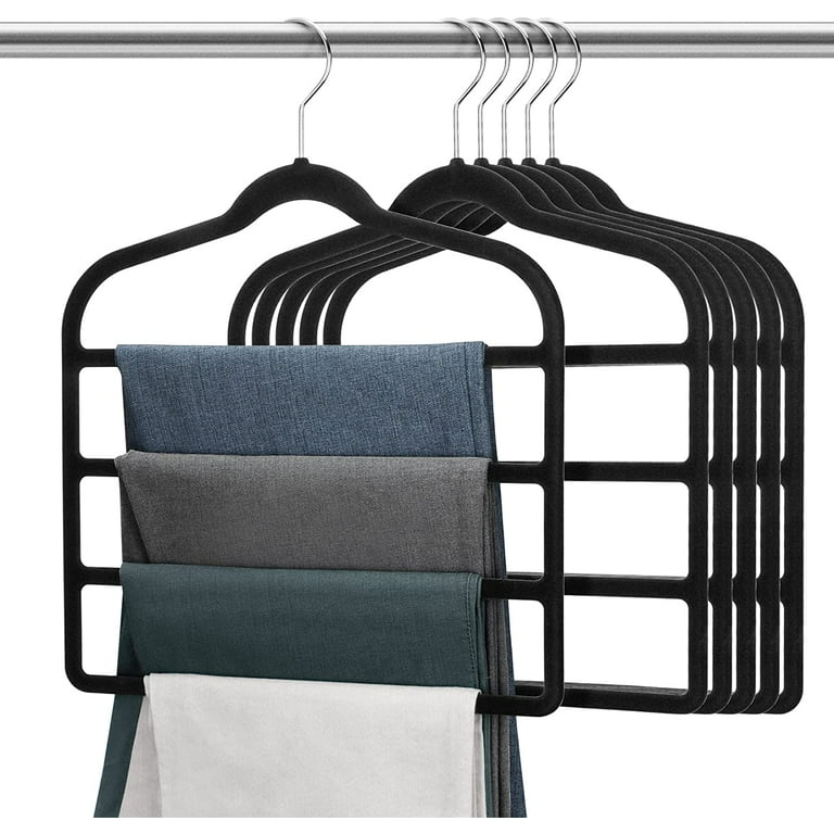6 Pack Velvet Pants Hanger Space Saving, Topboutique Black Non-silp Velvet Hangers, Multi Tier Ultra Thin Trousers Hangers, Closet Multifuncional
